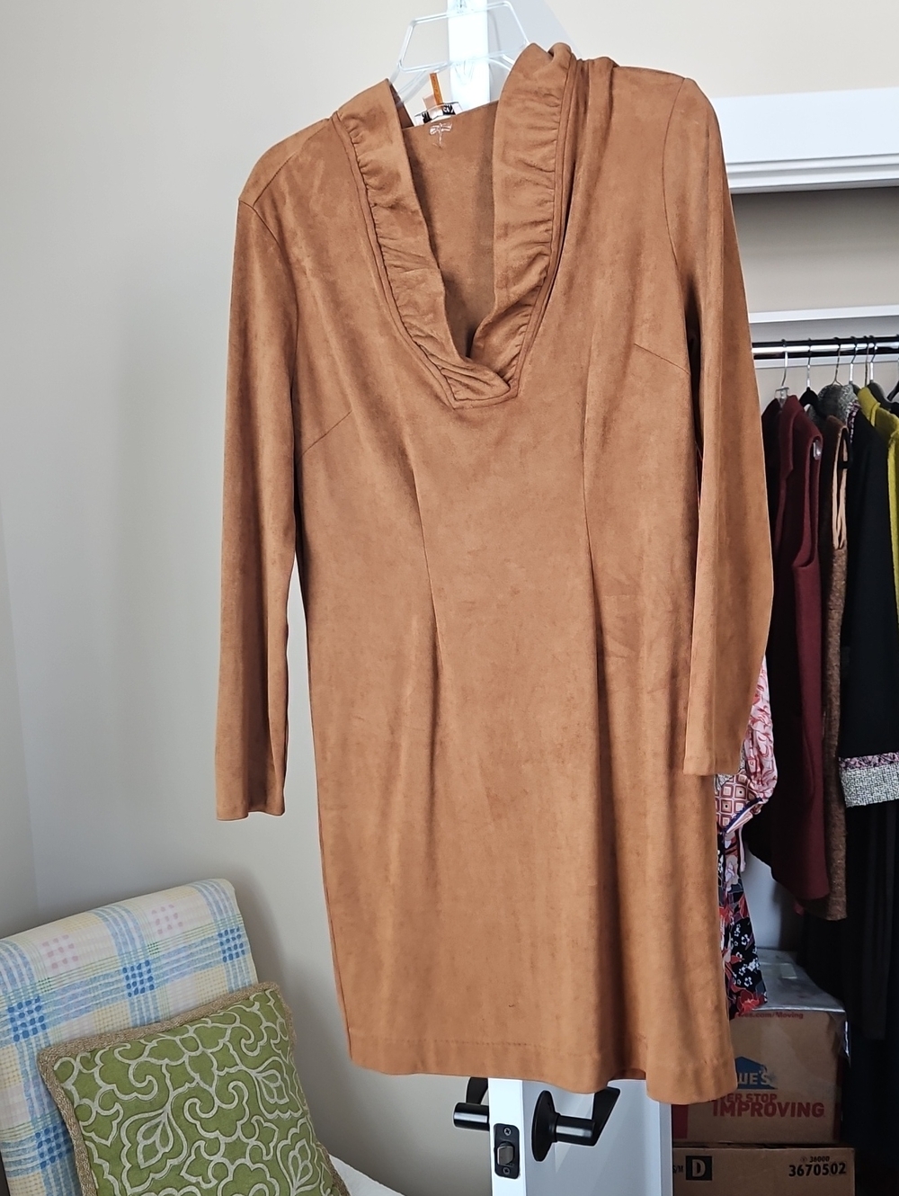 Tyler Boe Tan Suede-Look Cowl Neck Long Sleeve Dress
